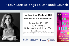 Picture of a woman's face and the title "'Your Face Belongs To Us' Book Launch," with details about the event below.